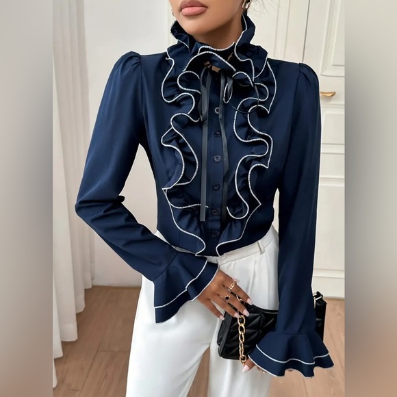 Passion of Essence Tops - Midnight Blue Ruffle Blouse Size L